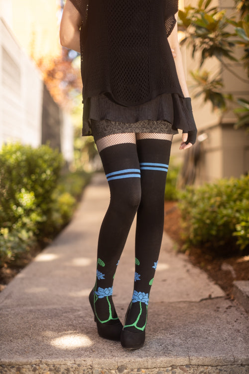 Botanical Nouveau Thigh High Socks - Blue Lotus