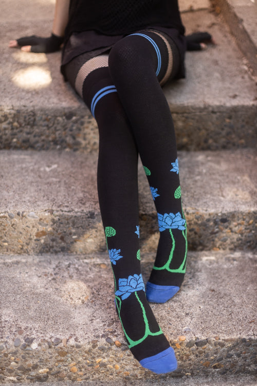 Botanical Nouveau Thigh High Socks - Blue Lotus