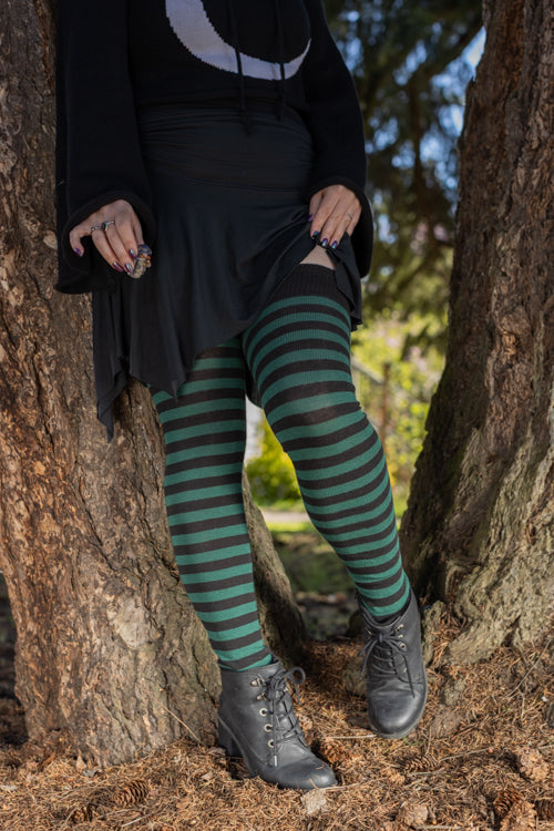 Longer Faery Stripes Extraordinary Thigh High Socks - Black & Forest