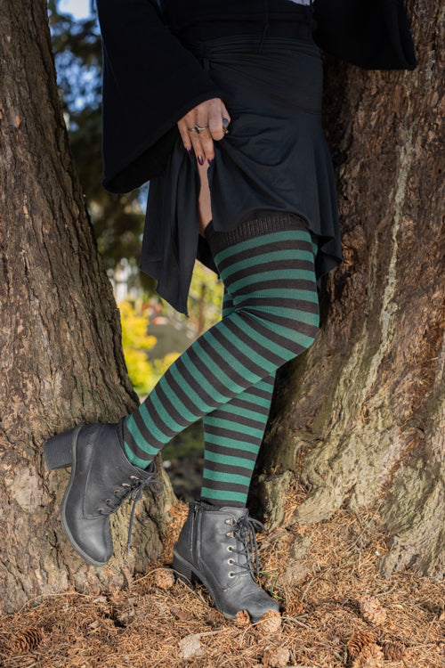 Longer Faery Stripes Extraordinary Thigh High Socks - Black & Forest