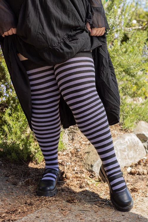 Longer Faery Stripes Extraordinary Thigh High Socks - Black & Lilac