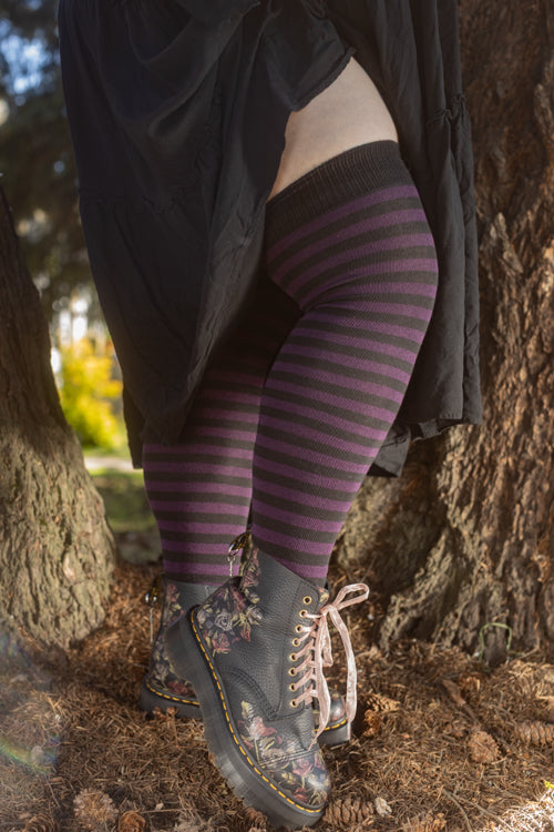 Longer Faery Stripes Extraordinary Thigh High Socks - Black & Plum