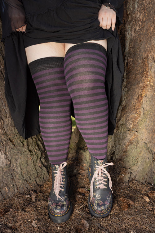 Longer Faery Stripes Extraordinary Thigh High Socks - Black & Plum
