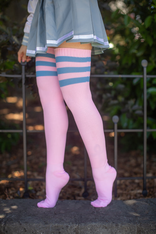 Longer Americana Thigh High Socks - Cherry Blossom with Sky