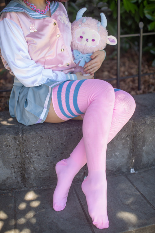 Longer Americana Thigh High Socks - Cherry Blossom with Sky