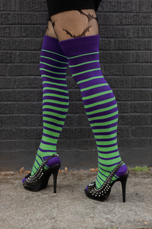 Monster mash gradient striped thigh highs in Purple and neon green
