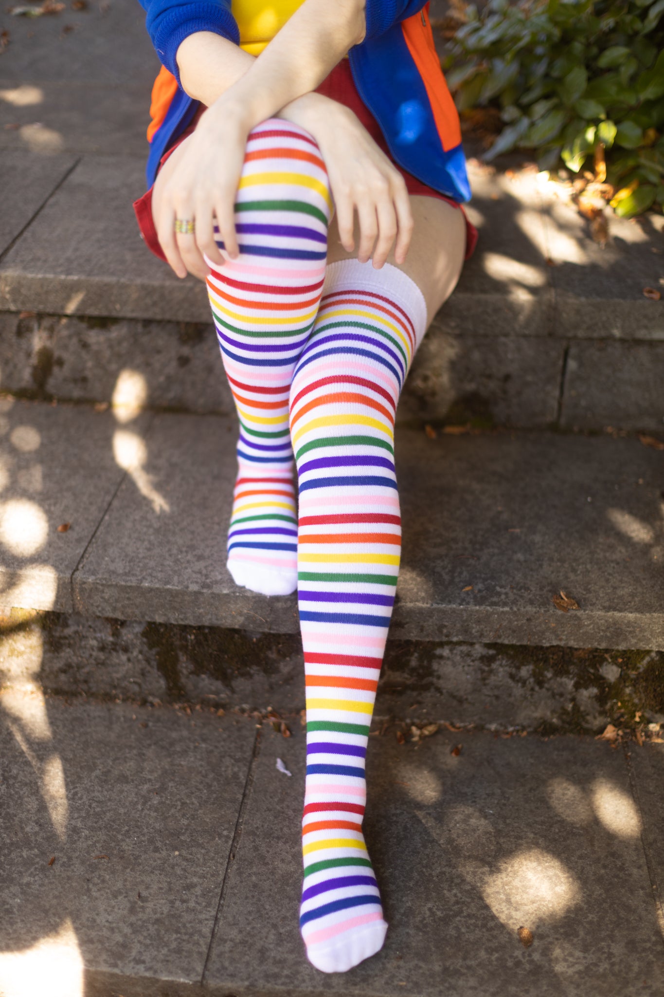 Rainbow and White Striped Thigh High Socks