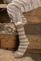 Preppy Striped Tube Socks - Khaki/Light Grey