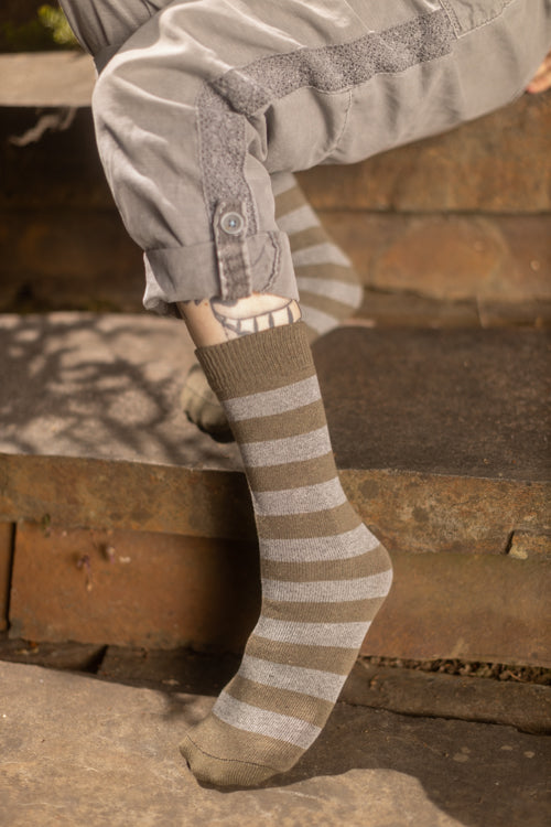 Preppy Striped Tube Socks - Khaki/Light Grey