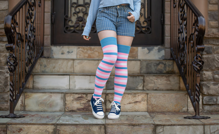 4 Pairs Knee High White Tube Socks Pink Stripe Cotton Long