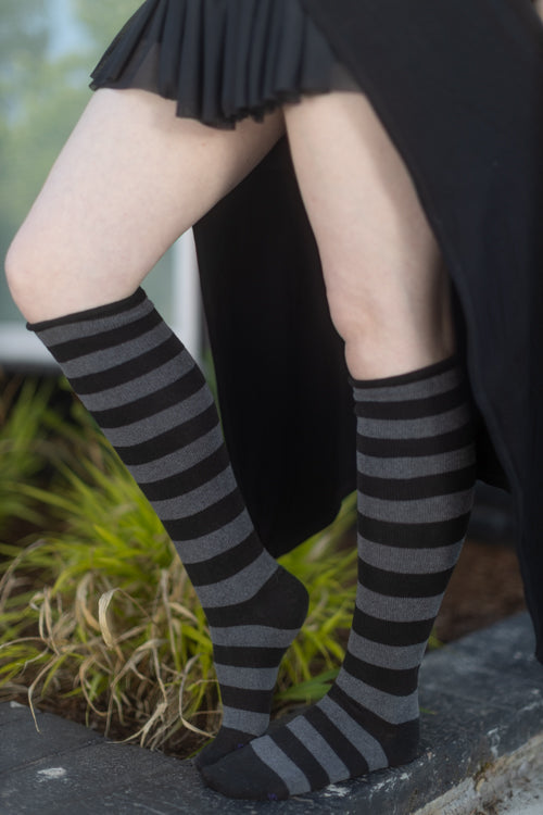 Roll Top Striped Knee High Socks - Charcoal & Black