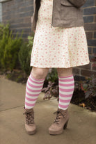 Roll Top Striped Knee High Socks - Bubblegum/White