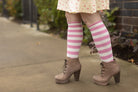 Roll Top Striped Knee High Socks - Bubblegum/White