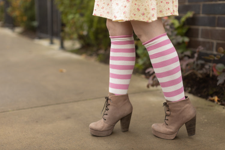 Roll Top Striped Knee High Socks - Bubblegum/White