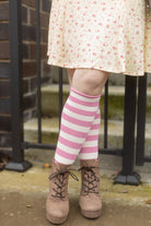 Roll Top Striped Knee High Socks - Bubblegum/White