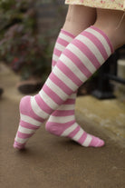 Roll Top Striped Knee High Socks - Bubblegum/White