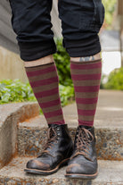 Roll Top Striped Knee High Socks - Dark Brown & Burgundy