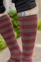 Roll Top Striped Knee High Socks - Dark Brown & Burgundy