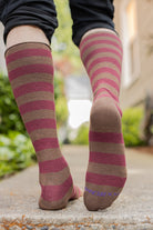 Roll Top Striped Knee High Socks - Dark Brown & Burgundy