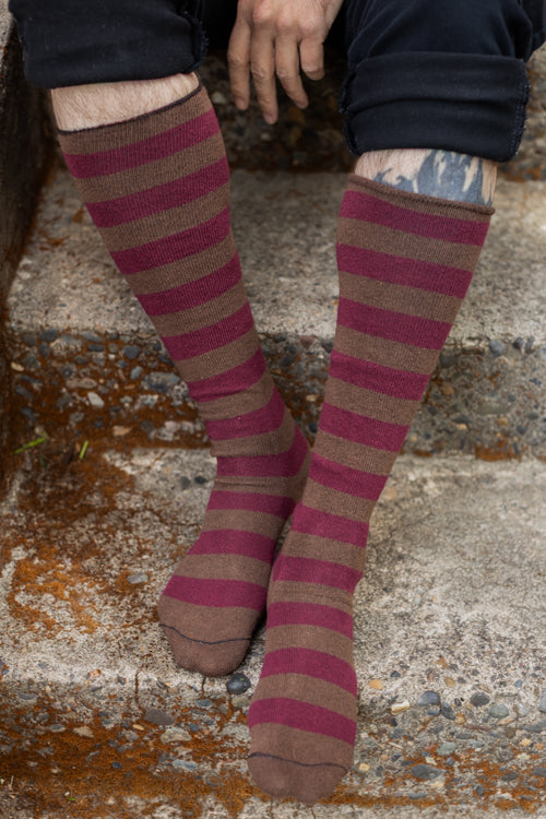 Roll Top Striped Knee High Socks - Dark Brown & Burgundy