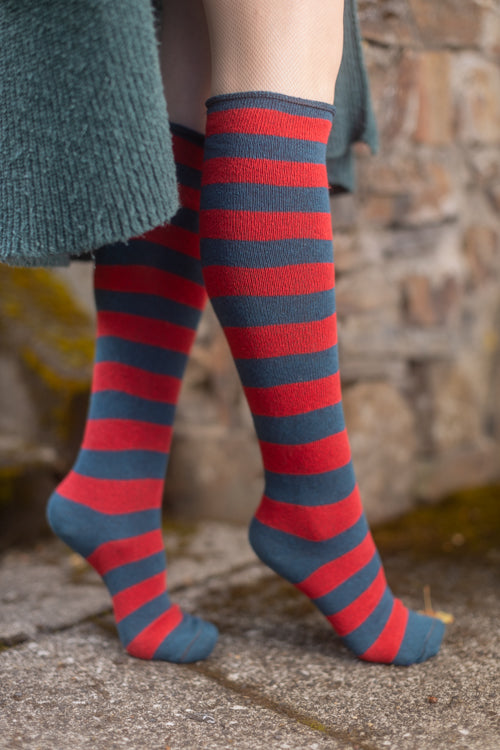 Roll Top Striped Knee High Socks