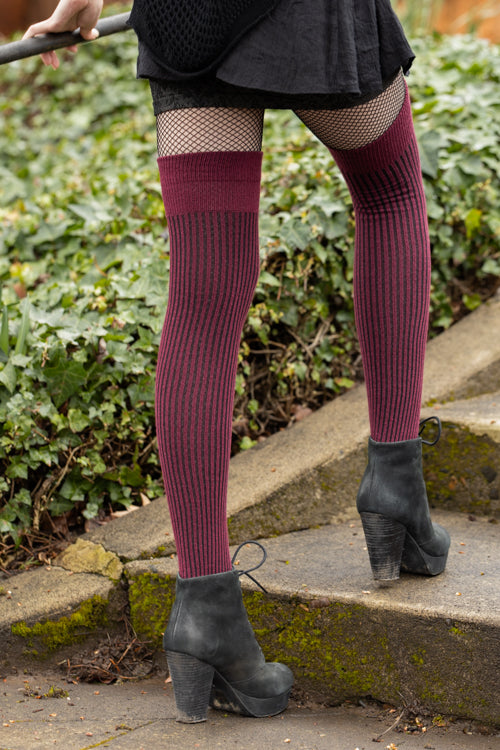 Vertical Lines Thigh High - Burgundy