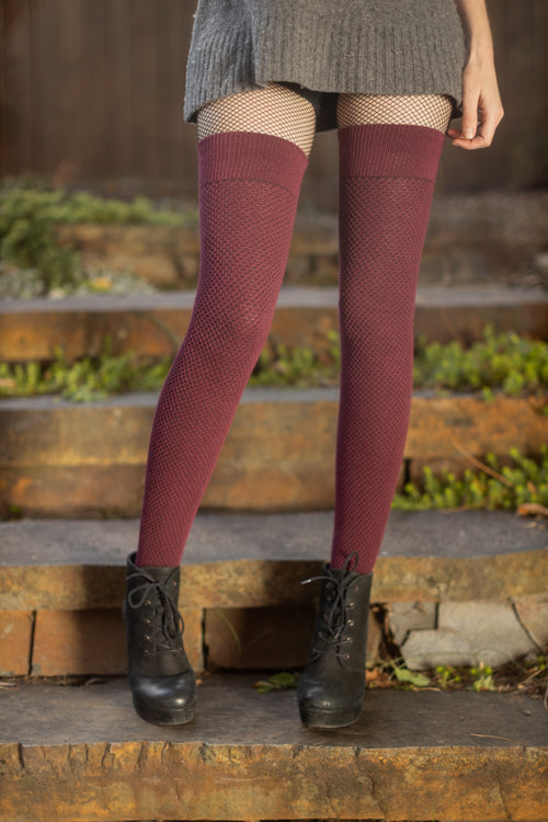 Longer Waffle Thigh High - Burgundy