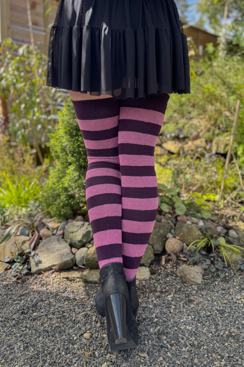 Longer Striped Extraordinary Thigh High Socks - Plum/bubblegum