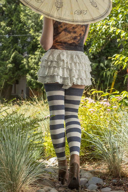 Longer Striped Extraordinary Thigh High Socks - Steel & Sweet Cream