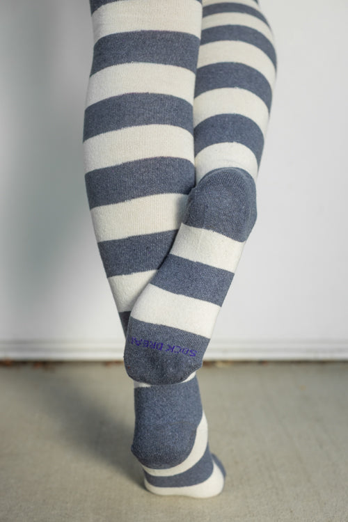 Longer Striped Extraordinary Thigh High Socks - Steel & Sweet Cream