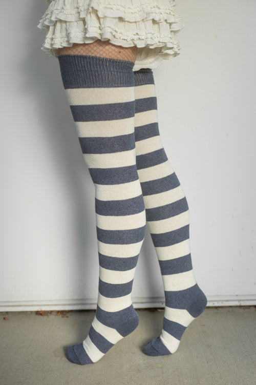 Longer Striped Extraordinary Thigh High Socks - Steel & Sweet Cream