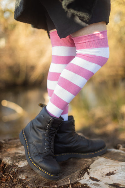 Striped Extraordinary Thigh High Socks - Bubblegum/White