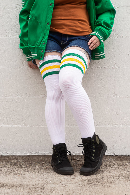 Longer Americana Thigh High Sock in White with Green and Yellow