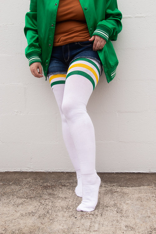 Longer Americana Thigh High Sock in White with Green and Yellow