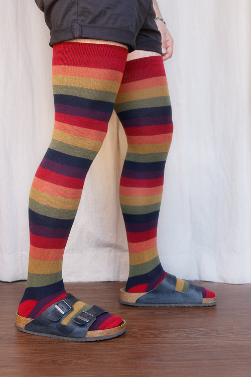 A person wearing XL foot longer harvest rainbow thigh highs in rainbow stripes