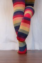 A person wearing XL foot longer harvest rainbow thigh highs in rainbow stripes