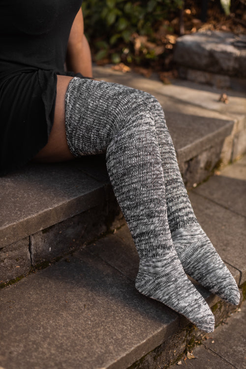 Top-Striped Marled Scrunchable Thigh High Socks