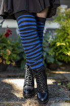 M Stripes Thigh High Socks - Black & Blueberry