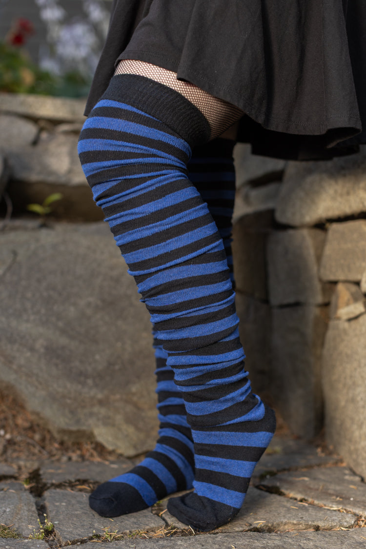 M Stripes Thigh High Socks - Black & Blueberry