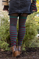 M Stripes Thigh High Socks - Hunter & Dark Red