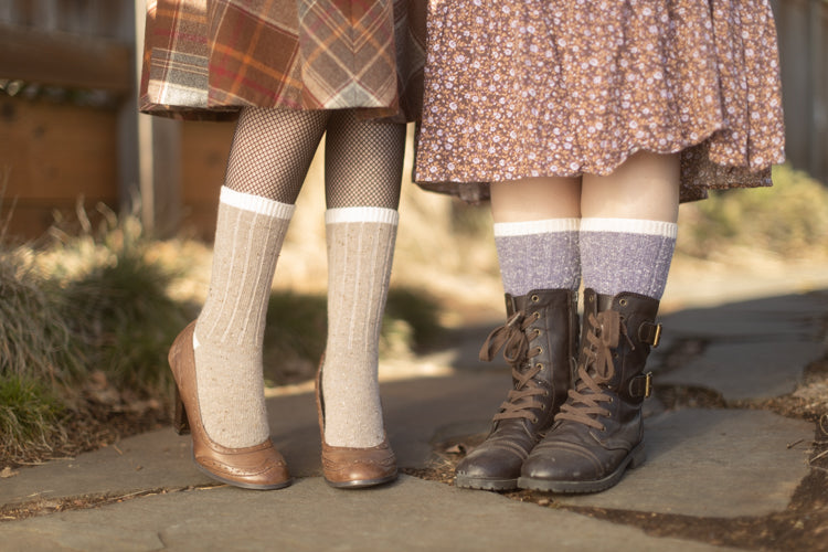 Tweed Knit Crew Socks - Mushroom & Lavender