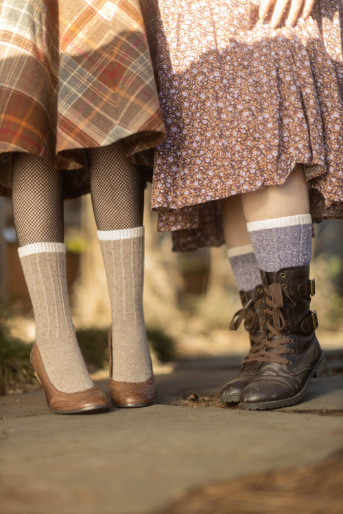 Tweed Knit Crew Socks - Mushroom & Lavender