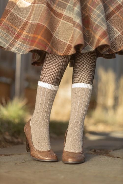 Tweed Knit Crew Socks - Tan