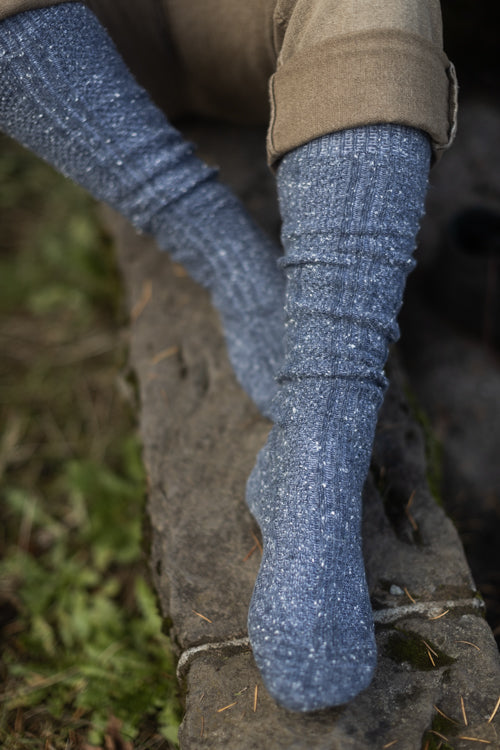 Tweed Knit Diamond Rib Socks - blue jean