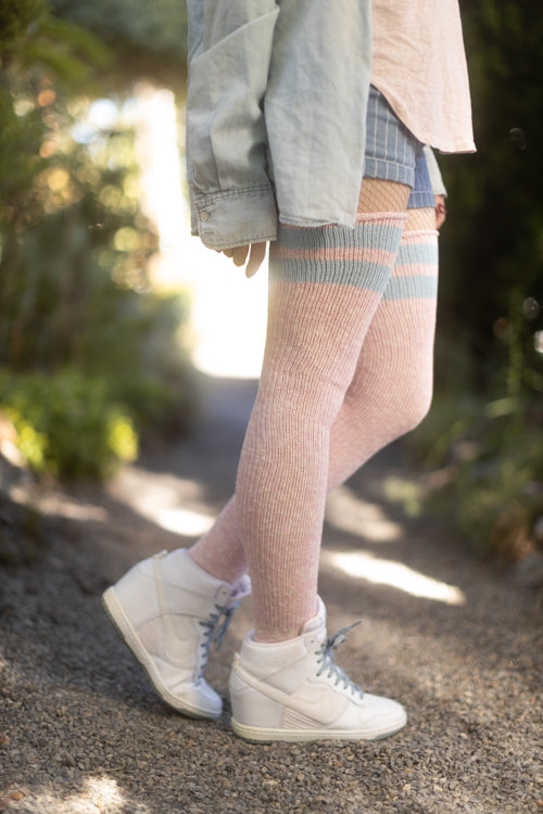 Top-Striped Marled Scrunchable Thigh High Socks - Pink with Light Bue