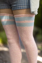 Top-Striped Marled Scrunchable Thigh High Socks - Pink with Light Bue