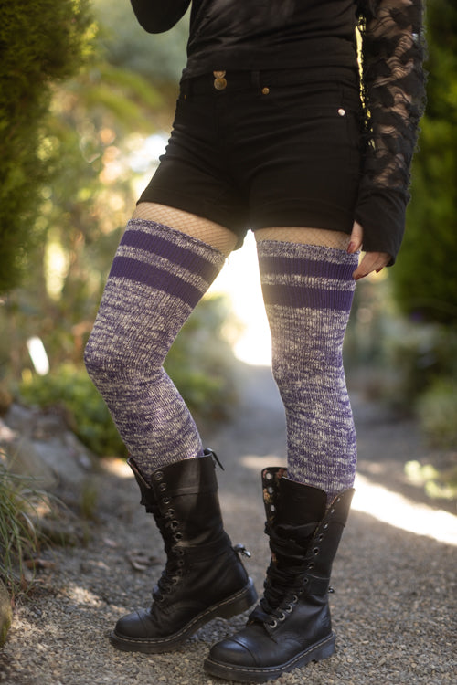 Top-Striped Marled Scrunchable Thigh High Socks - Violet