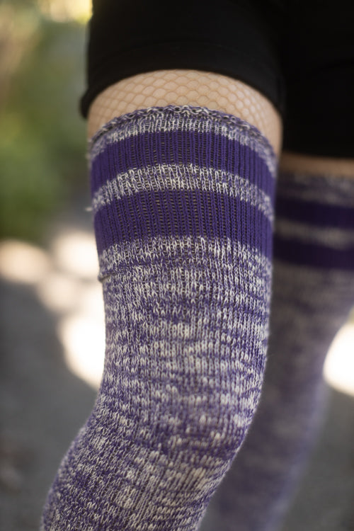 Top-Striped Marled Scrunchable Thigh High Socks - Viole