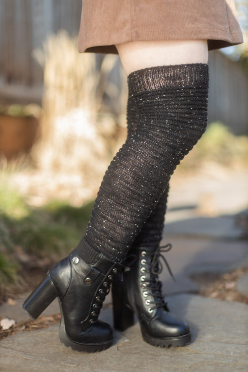 Slinky Tweed Knit Thigh High Socks - Black