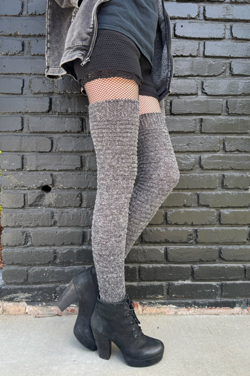 Slinky Tweed Knit Thigh High Socks - Charcoal Heather